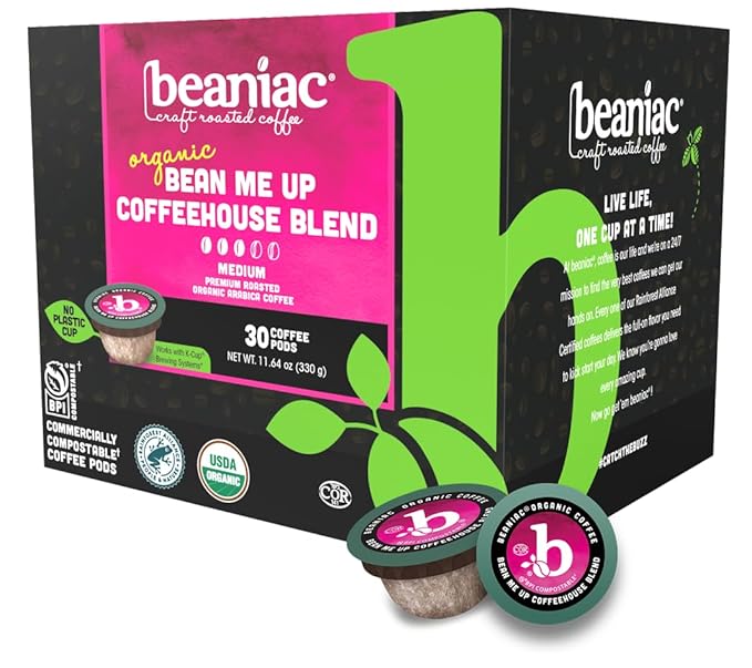 beaniac Organic Bean Me Up Coffeehouse Blend, Medium Roast, Single Serve Compostable K Cup Coffee Pods, Organic Arabica Coffee, Keurig Brewer Compatible, 30 Count