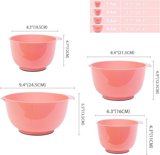 BoxedHome 4 Quart Large Plastic Mixing Bowls, Microwave Safe Mixing Bowl Set with Pour Spout, Nesting Bowls for Space Saving Storage(Candlelight Peach)