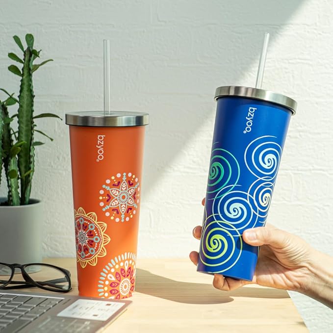 bzyoo SUP Double Wall Vacuum Insulated 24oz Tumbler with Straw and Lid Stainless Steel Water Bottle Travel Mug Cup, Mother's Day Gift Perfect For Ice Coffee or Tea Color: Orange Madallion