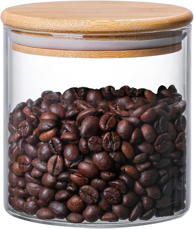 MOLFUJ 550 ML / 18 FL Oz Glass Storage Container with Wood Lid, Stackable Clear Decorative Organizer Bottle Canister Pantry Jar with Air Tight Wooden Lid for Food, Coffee, Candy, Sugar, Salt, Tea