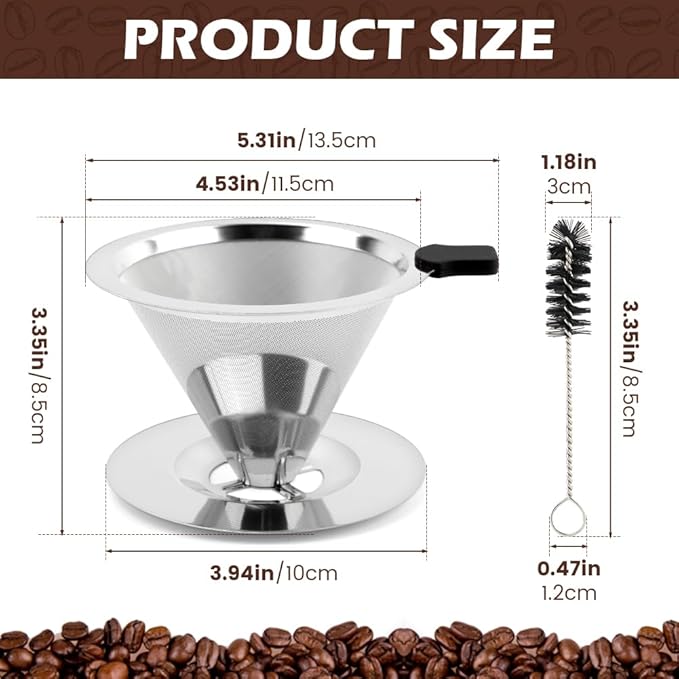 Pour Over Coffee Dripper with Cleaning Brush, Stainless Steel Cone Coffee Filter Fine Mesh Double Layer, Paperless Reusable Coffee Filter, Drip Cone Brew Coffee Strainer(SIZE:Medium)