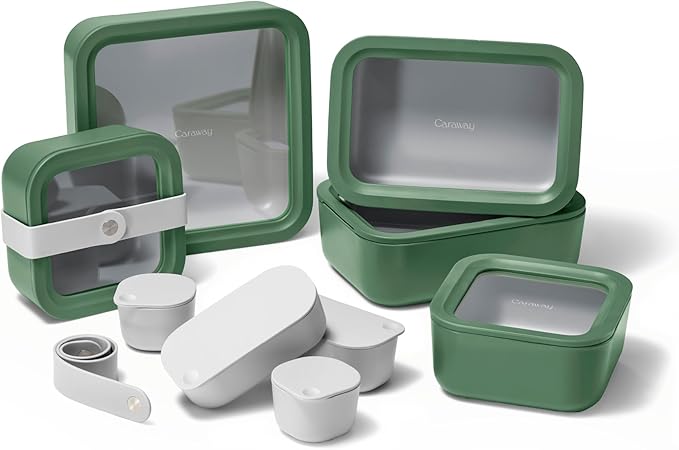 Caraway 14pc Glass Food Storage Container Set - Easy to Store, Non Toxic Lunch Box - with Glass Lids - Includes Storage Organizer & Dot & Dash Inserts - Sage