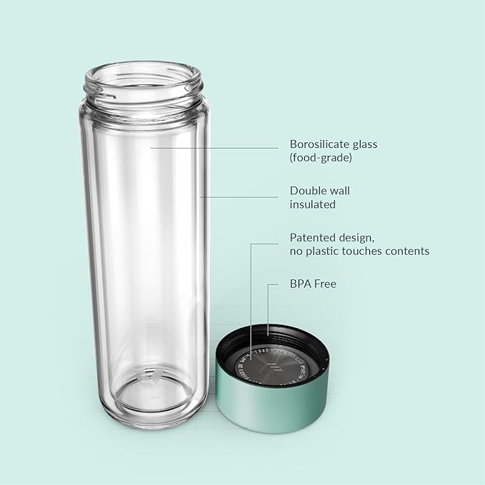 Glass Multi Tea Infuser Bottle 14oz - Double Wall Borosilicate Glass Flask | No Plastic Touches Contents | Perfect for Office or Home - Light Green