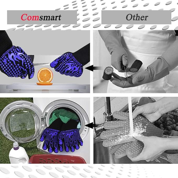 Comsmart BBQ Gloves, 1472 Degree F Heat Resistant Grilling Gloves Silicone Non-Slip Oven Gloves Long Kitchen Gloves for Barbecue, Cooking, Baking, Cutting