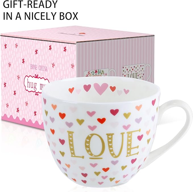 LOVE Mug with Hearts for Daily Coffee and Tea, Premium 20 oz Bone China Coffee Tea Hug Mug, Perfect Holiday, Valentine’s, and Birthday Gift for Loved Ones, Designed in England by Harvest Green Studio