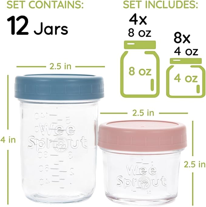 WeeSprout Glass Baby Food Storage Jars w/ Lids (4/8 oz, 12 Pack Set) Snack, Reusable Small Containers, Breast Milk, Fridge, Freezer, Microwave & Dishwasher Safe, Essential Must Have for Infants