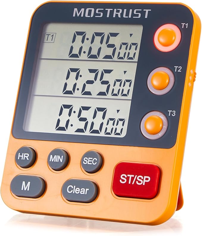 Digital Dual Kitchen Timer, 3 Channels Countdown Triple Timer for Cooking, Magnetic Memory-Preset Large Display Adjustable Alarm Volume, Multi Times Management, 3A Battery Included, Orange