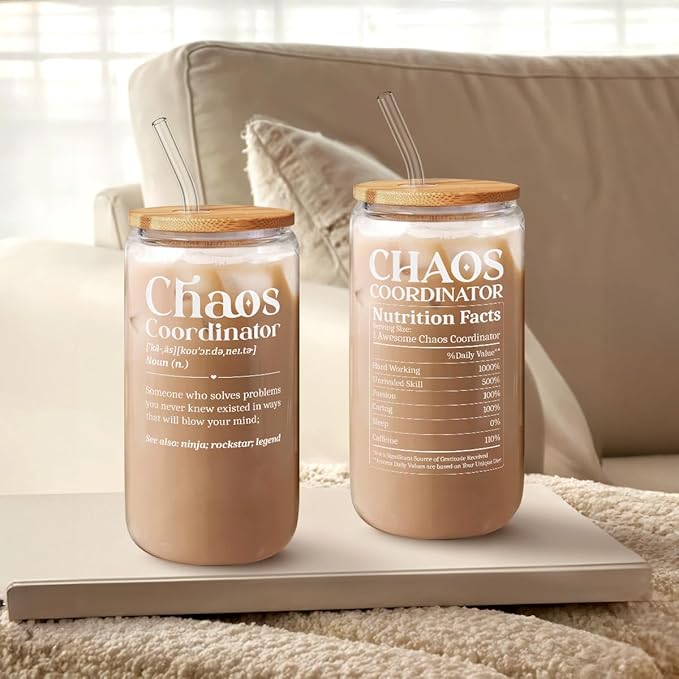 Chaos Coordinator 16oz Can Glass Tumbler with Bamboo Lid & Straw, Iced Coffee Cup for Female Coworker Friends Colleagues, Aesthetic Cups Gifts for Birthday Christmas Farewell Retirement