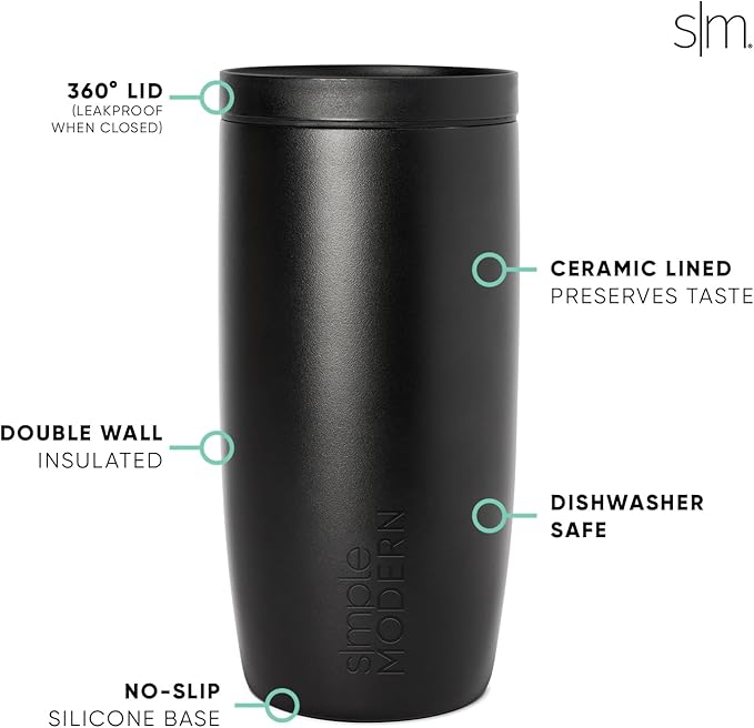 Simple Modern Mother's Day Travel Coffee Mug Tumbler with 360° Lid | Gifts for Her | Ceramic-Lined Insulated Stainless Steel Cold Brew Iced Coffee Cup | Voyager Signature | 16oz | Stamps