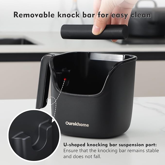 Ourokhome Knock Box Espresso Accessories, The Latest Patented Stainless Steel Espresso Machine Tool for Coffee Ground with Removable Knock Bar, Handle and Lid, Dishwasher safe, 4.8 inch (Black)