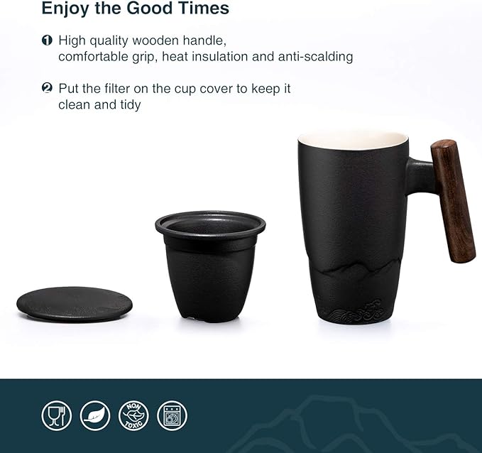 suyika Tomotime Ceramic Tea Cup with Infuser and Lid Tea Mugs Wooden Handle 400ml/13.5oz Black