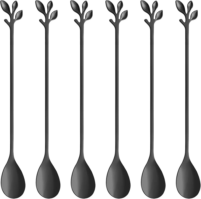 AnSaw 6-Piece Elegant Black Leaf Long Handle Teaspoons - 7.4" Stainless Steel Stir Spoons for Coffee & Tea, Perfect for Mixing & Stirring