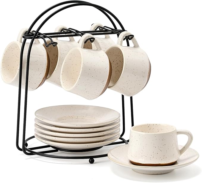 SIDUCAL Stackable Cappuccino Cup Set of 6 [4 oz] Ceramic Coffee Cups with Saucers and Cup Holder,Microwave/Dishwasher Safe,Espresso Demitasse Cups(White)