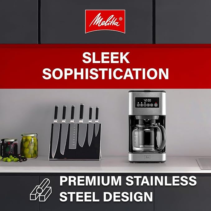 Melitta Aroma Series Programmable Drip Coffee Makers Parent (Aroma Tocco Plus Black and Stainless Steel 12 Cups) with 5-Pack Coffee Filters