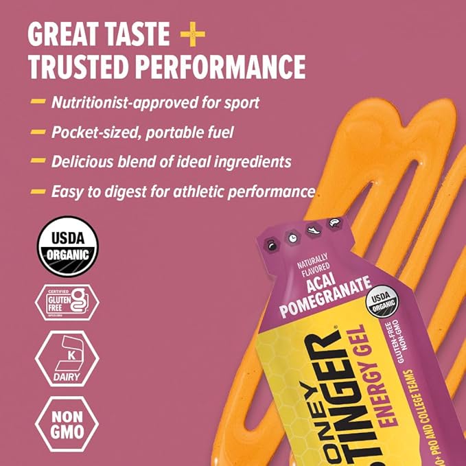 Honey Stinger Organic Acai Pomegranate Energy Gel, Gluten Free & Caffeine Free, for Exercise, Running and Performance, Sports Nutrition for Home & Gym, Pre and Mid Workout, 24 Pack, 26.4 Ounce