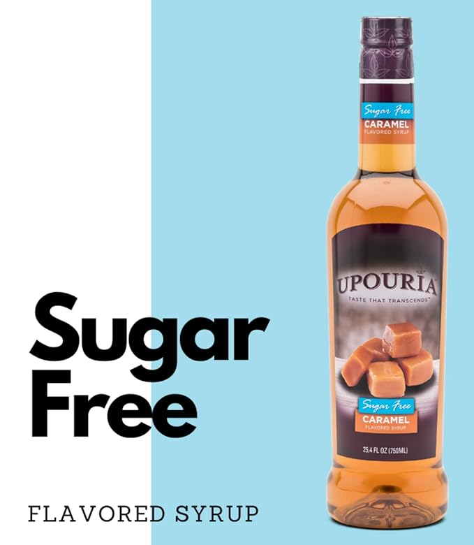 Upouria Sugar-Free Caramel Coffee Syrup Flavoring, 100% Vegan, Gluten-Free, Kosher, Keto, 750 mL Bottle (Pack of 2) with Coffee Syrup Pump