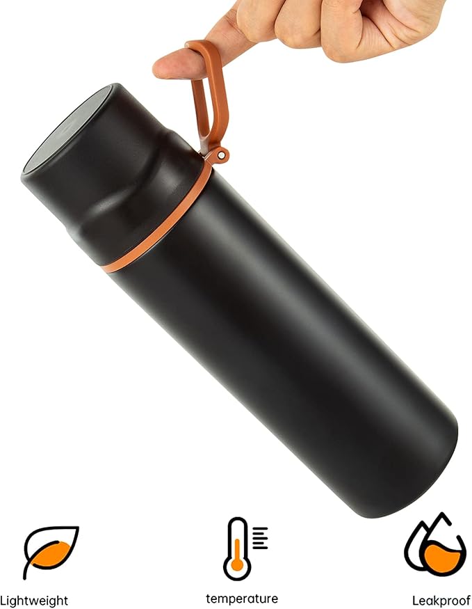 Insulated Water Bottle-Stainless Steel Vacuum Coffee Cup with Handle,Flask Double Walled Sport Travel Mug with Leakproof Lid,Keep Hot & Cold 12 Hours BPA Free 15oz(Black)