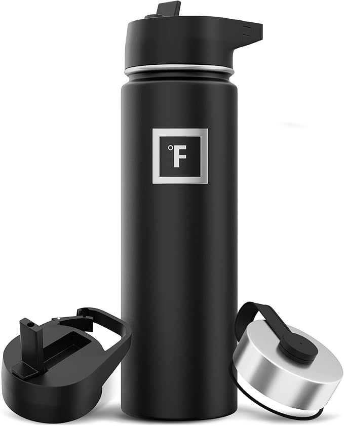 IRON °FLASK Camping & Hiking Hydration Flask with 3 Lids - Stainless Steel, Double Walled & Vacuum Insulated Water Bottle - Leak Proof & BPA Free (Midnight Black, Straw - 22 oz)