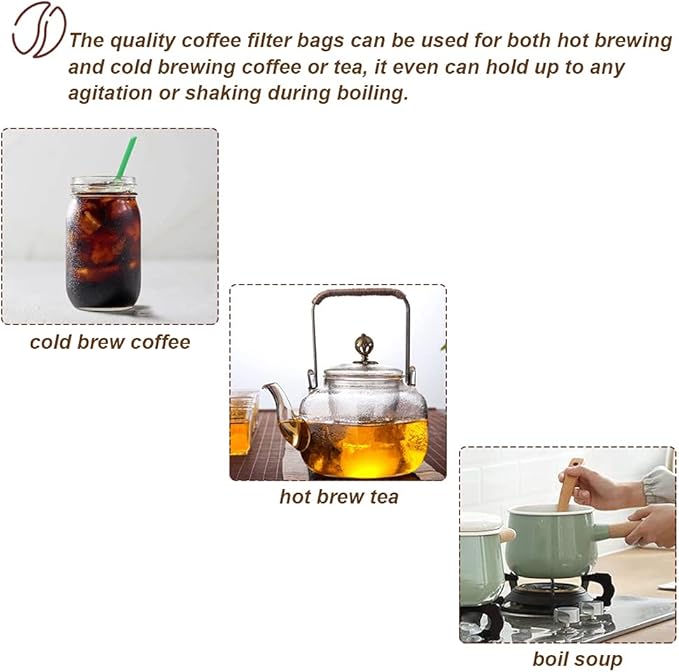 50pcs No Mess Cold Brew Bags, 6x10 inch Disposable Coffee Filter Bag Fine Mesh Brewing Drawstring Pouches for Iced Coffee Hot Tea Herb Spice