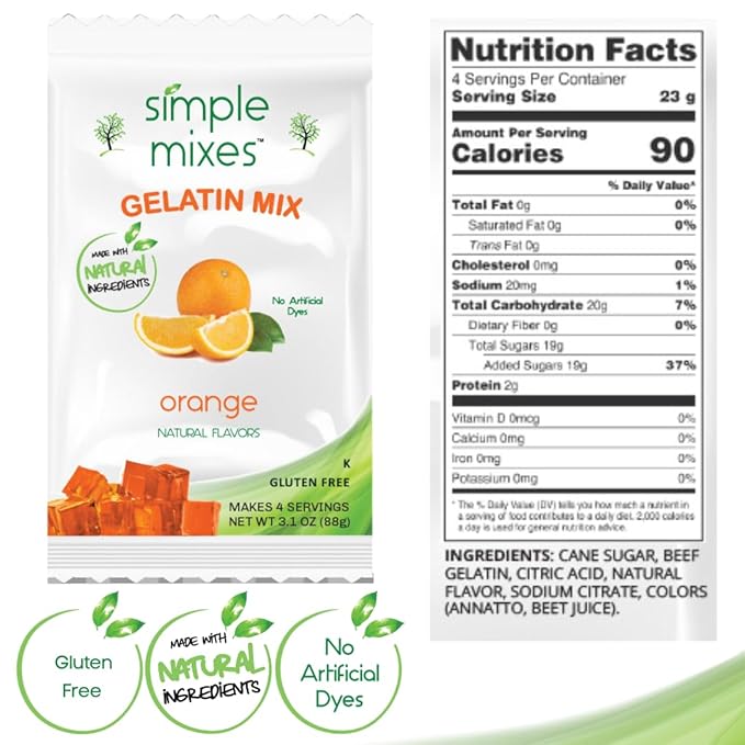 Simple Mixes Natural Gelatin Dessert, Orange, Kosher, 6 Pack of 3.1 oz each