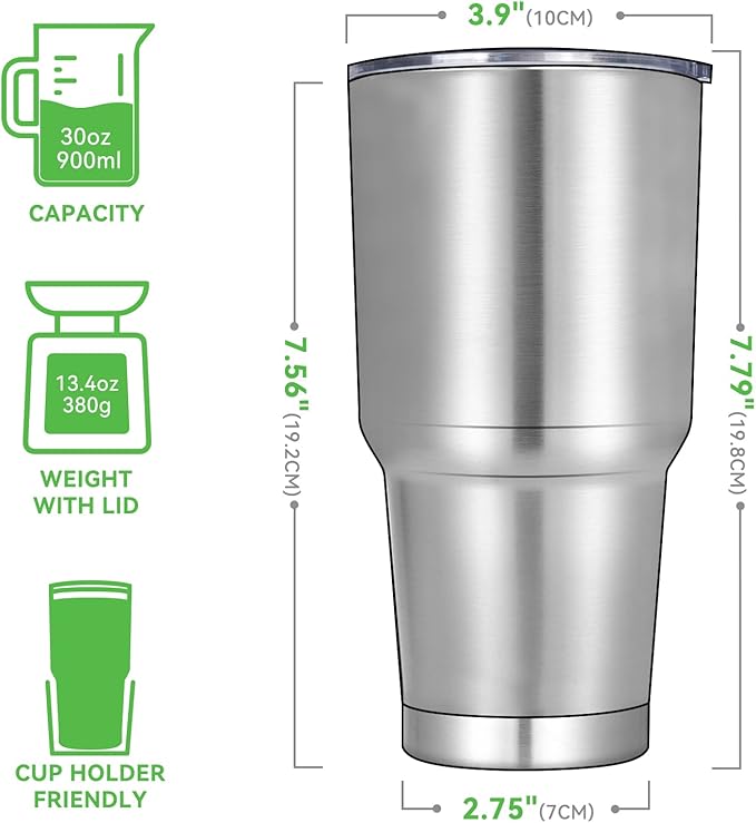 DOMICARE 30 oz Tumbler with Lid and Straw, Stainless Steel Tumblers Bulk, Insulated Vacuum Double Wall Travel Coffee Mug, Durable Powder Coated Tumbler Cup (Stainless Steel, 1)