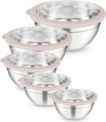 TeamFar Mixing Bowls, 5PCS Stainless Steel Serving Salad Bowls with Lids, For Kitchen Mixing/Baking/Storing/Prepping, Visible & Airtight, Non-Slip Bottom - 4.6/3.5/1.5/1 / 0.7 QT, Khaki
