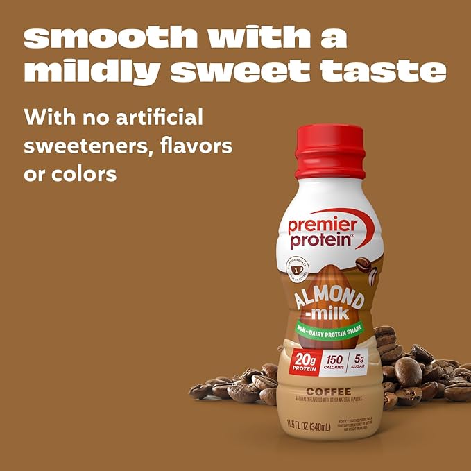 Premier Protein Almondmilk Plant Based Protein Shake, 20g Protein, 5g Sugar, 11.5 Fl oz, Coffee, 12 Count