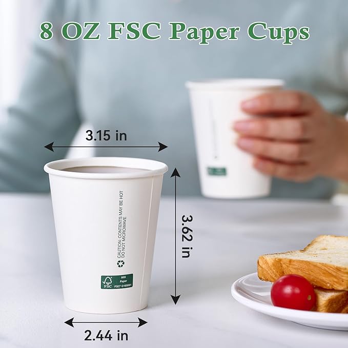 LITOPAK 200 Count 8 oz Disposable Paper Coffee Cup, White FSC Paper Hot Coffee Cups for Multiple Drinks for Office, Store, Home