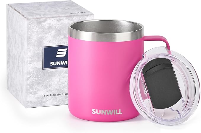 SUNWILL Insulated Coffee Mug with Lid, Travel Tumbler with Handle, 14 oz Stainless Steel Cup for Home, Office, Camping, Powder Coated Magenta