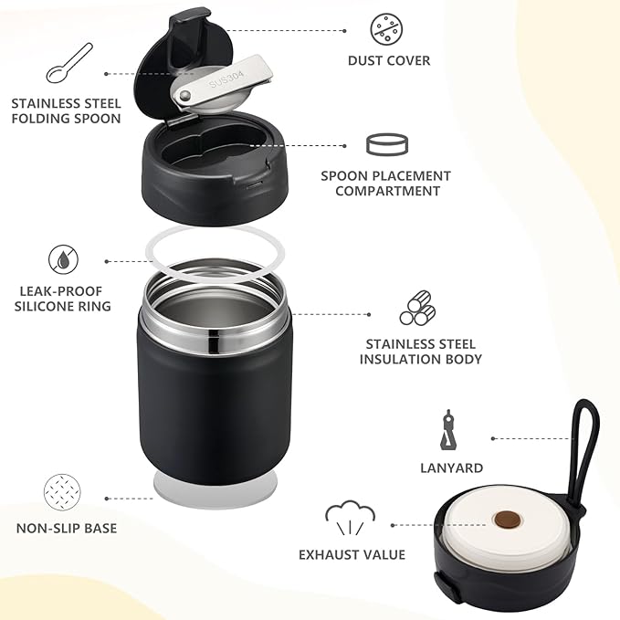 17oz Soup Thermo for Hot Food Kids Insulated Vacuum Food Jar with Stainless Steel Spoon Wide Mouth Thermo Leakproof Lunch Food Container Kids Hot Lunch Box (Black)