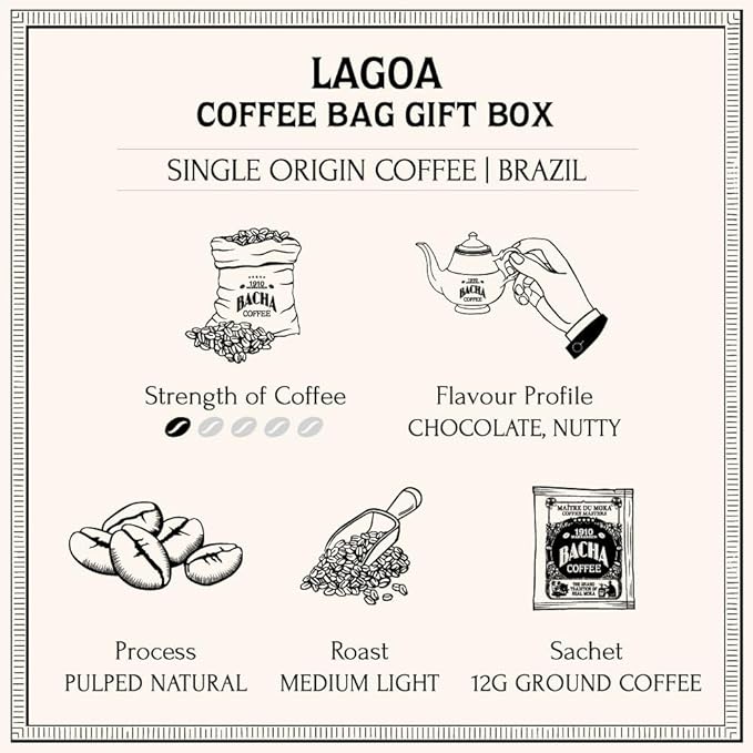 Bacha Coffee | Lagoa Brazil Single Origin, Medium Light Roast, 100% Arabica Specialty Coffee, 12 Coffee Drip Bags, Gift Box