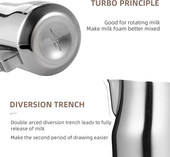 MHW-3BOMBER Milk Frothing Pitcher 12oz/350ml Milk Frother Cup Espresso Steaming Pitcher Stainless Steel Milk Frother Cup Barista Latte Art Round Spout Latte Art Pitcher P7121S
