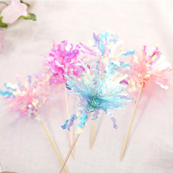 30 Pieces Happy Birthday Cake Toppers Foil Firework Cupcake Toppers Sparkle Tinsel Flower Drink Stirrers for Cake Decoration Party Supplies