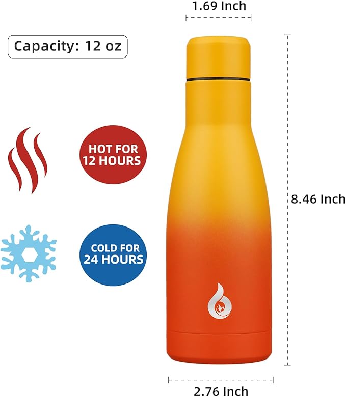 BJPKPK Insulated Water Bottle 12oz Samll Stainless Steel Water Bottles Reusable Metal Thermos Keep Cold and Hot,Sunset Orange