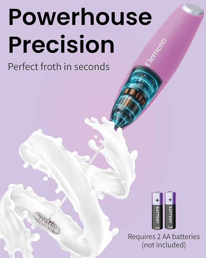 Elementi Electric Pink Milk Frother Handheld - Mini Whisk for Coffee, Matcha and Drinks - Portable Frother & Mixer with Stand - Pastel Pink