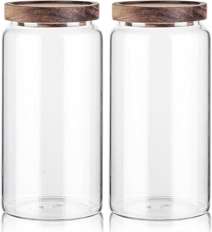 Labina Glass Storage Container Airtight Food Jars Kitchen Canister with Wood Lids, 40 Oz Wide Mouth Pantry Organization Glass Jar for Flour, Sugar, Cookie, Spagetti, Nuts and Candy (2 Pack)