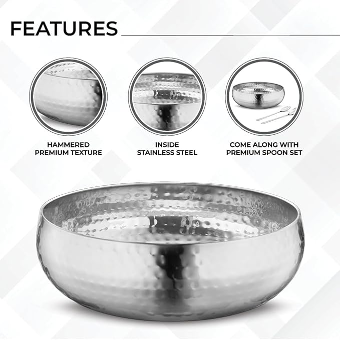 Avador® Set of 3 Premium Stainless Steel Salad Mixing Bowl Hammered Finish | Handmade | Includes Salad Serving Utensils (Stainless Steel)