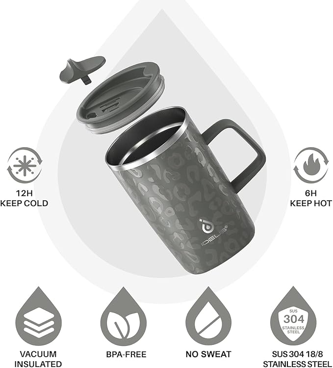 Ideus Vacuum Insulated Coffee Mug, 16oz Reusable Stainless Steel Thermal Double Walled cup with Handle and Slider Lid for Hot & Cold Beverages, BPA Free (Leapord Gray)