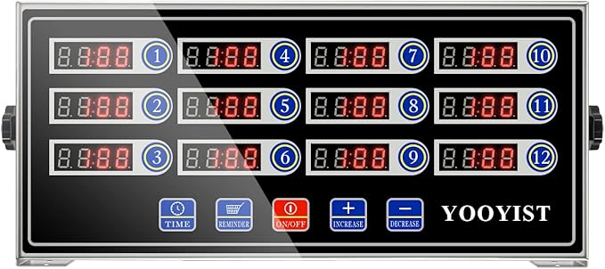 Commercial Kitchen Timers 12 Channel Stainless Steel LED Digital Timer Reminder Function, Loud Alarm, Black