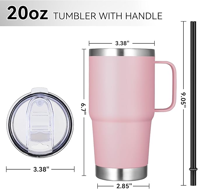VEGOND 20 oz Tumbler with Handle Lid and Straw, Stainless Steel Insulated Travel Coffee Mug Spill Proof Double Wall Metal Tumbler Cup Keeps Drink Hot and Cold, Pink 1 Pack