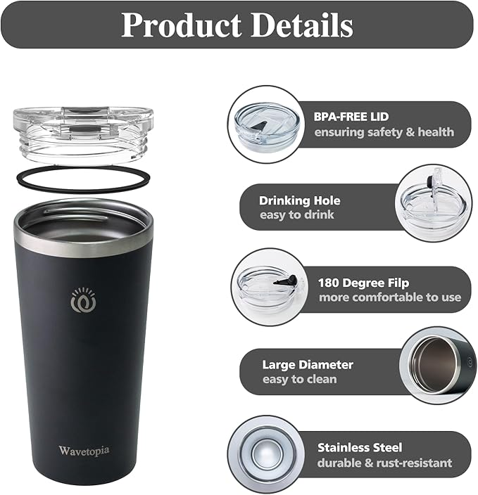 Insulated Coffee Mug with Lid, Reusable Stainless Steel Travel Coffee Cup, 16 Oz Double Wall Vacuum Spill Proof Tumbler Cups for Men and Women Hot & Cold Drinks（Black）