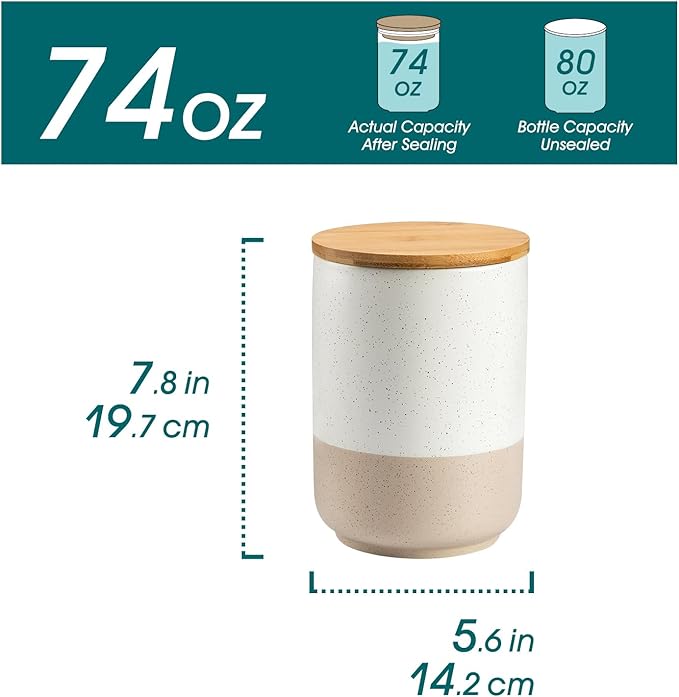 vancasso Sabine Large Ceramic Canister Set with Airtight Wood Lids - 2-Piece Kitchen Food Storage Jars for Flour, Sugar, Coffee & Tea (74 oz Each) - Big Capacity Countertop Jars