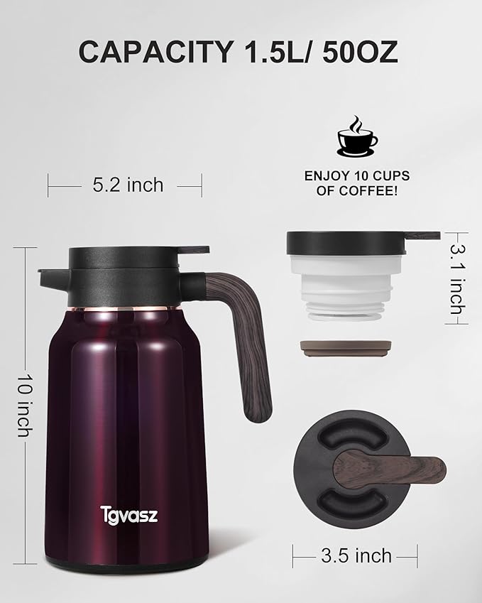 51 Oz Carafes for Hot Liquid, Stainless Steel Insulated Vacuum Thermal Coffee Carafes For Keeping Hot, 1.5 Liter Coffee Dispenser(Angola Red)