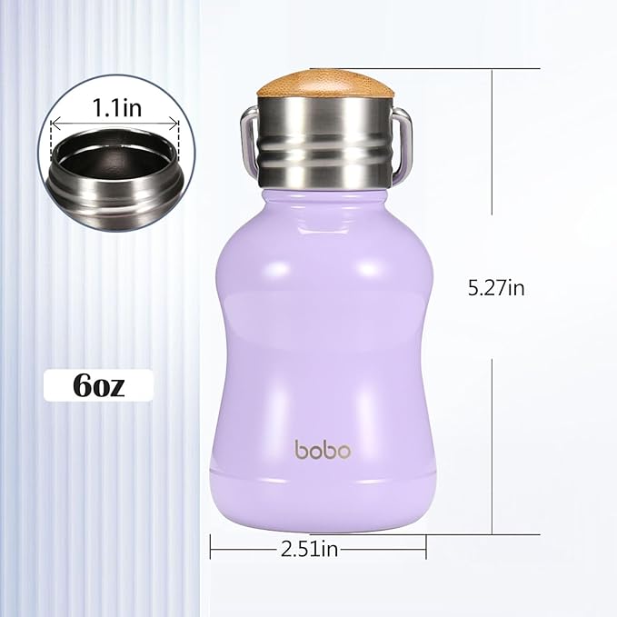 YOHKOH Mini Vacuum Insulated Water Bottle With Bamboo Lid - Stainless Steel Thermos Water Bottle for Women Girls Kids, Metal Sports Hot and Cold Water Bottle Leak-Proof BPA-Free (6.4oz,Violets)