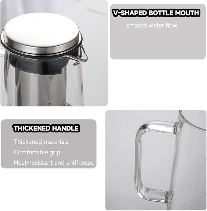 Cold Brew Coffee Maker Borosilicate Glass with 304 Stainless Steel Filter, Tea Infuser Ice Cold Brew Pitcher Kitchen, with Spout Kitchen Iced (48oz (1.4 L))