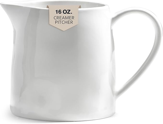 Ceramics Creamer Pitcher - 16 OZ Porcelain Coffee Creamer Pitcher with Handle, Funny Milk Pourer for Home Kitchen Coffee Bar, White