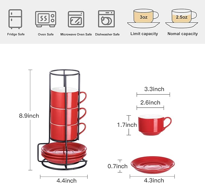 YOLIFE 2.5oz Porcelain Stackable Espresso Cups with Saucers and Metal Stand Set of 4, Stackable Cappuccino Cups, Red Expresso Shots Cup Set for Coffee Drinks, Latte, Tea