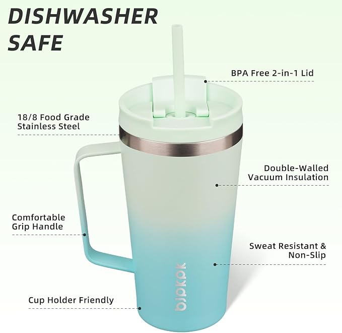BJPKPK Insulated Tumbler with Handle, 18oz Insulated Tumblers with Lid and Straw, Stainless Steel Metal Water Bottles, Coffee Travel Mugs, Cups, Mint