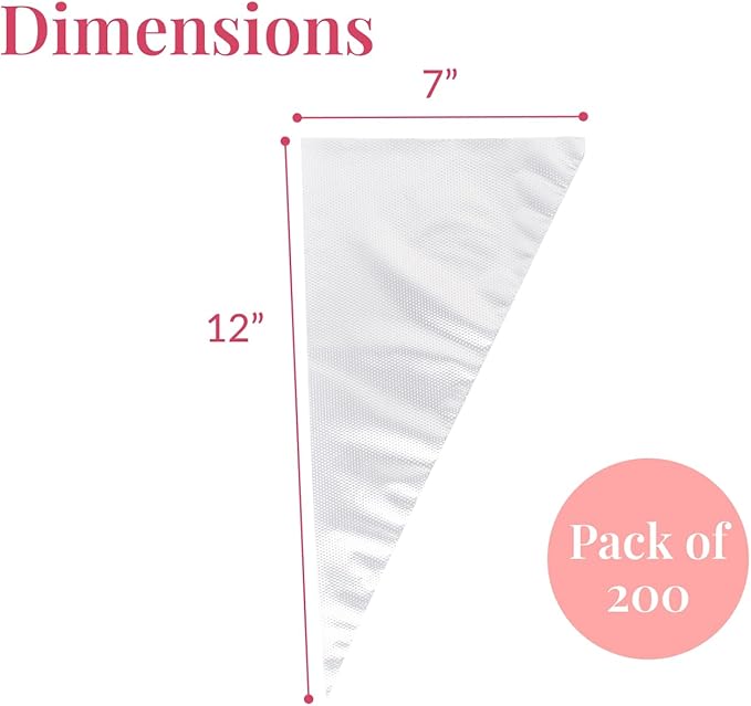 Set of 200 - Anti Burst Piping Bags 12 Inch - Prestee Tipless Icing Bags - Durable Frosting Piping Bag Tools - Pastry and Cookie Decorating Supplies