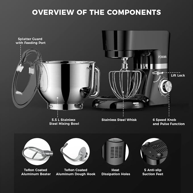Stand Mixer, POWWA 6.5 Quart Electric Mixer, 6+1 Speed 660W Tilt-Head Kitchen Food Mixers with Whisk, Dough Hook, Mixing Beater & Splash Guard for Baking, Cake, Cookie, Kneading, ETL Certified (Black)